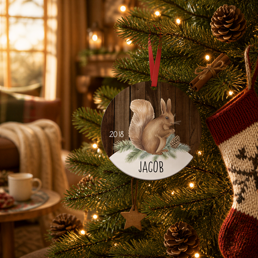 A Christmas tree decorated with ornaments, including a wooden ornament with a squirrel and the name "Jacob" on it.