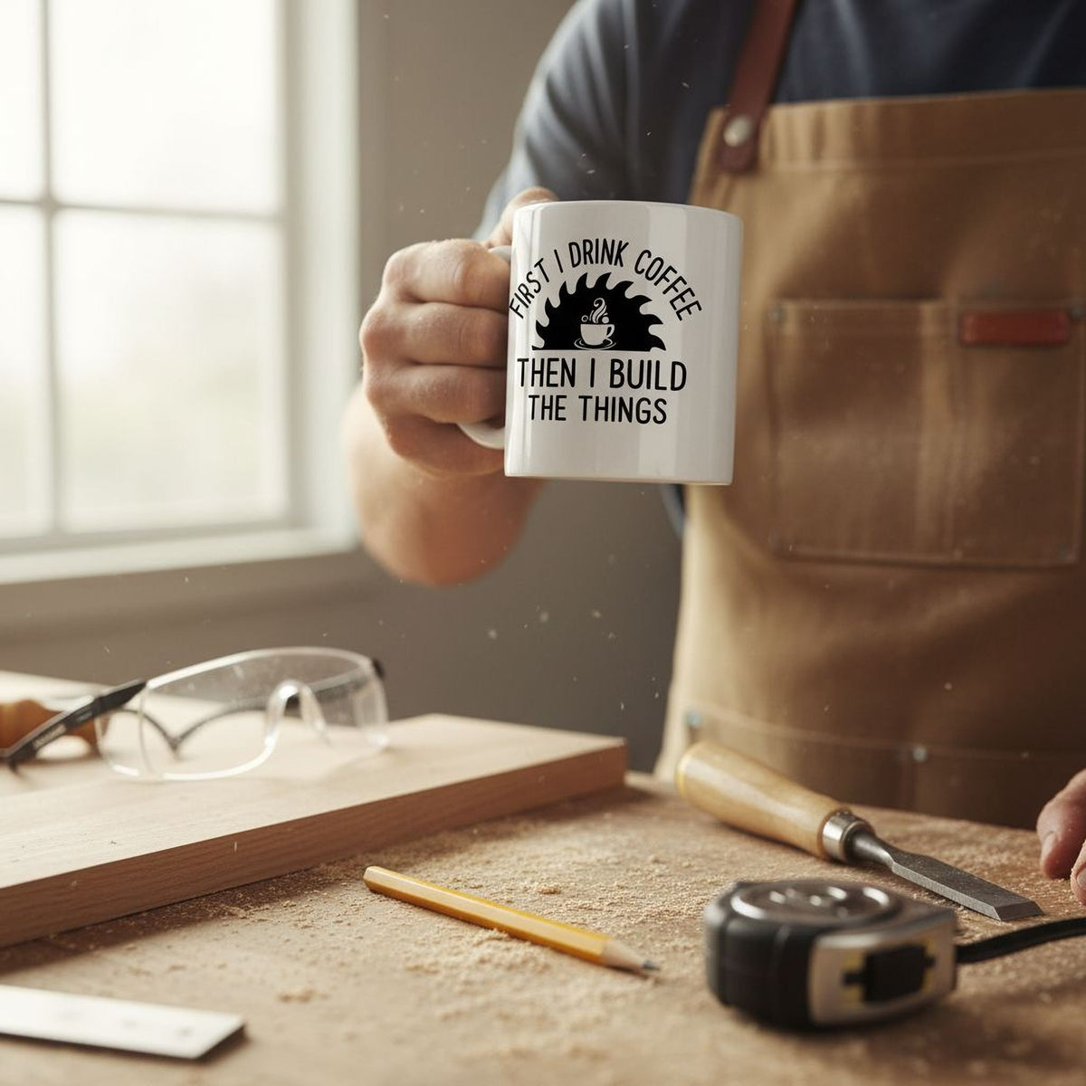 A person is holding a coffee mug with the text "I drink coffee then I build the things" printed on it, while standing in front of a workbench with various tools and materials.