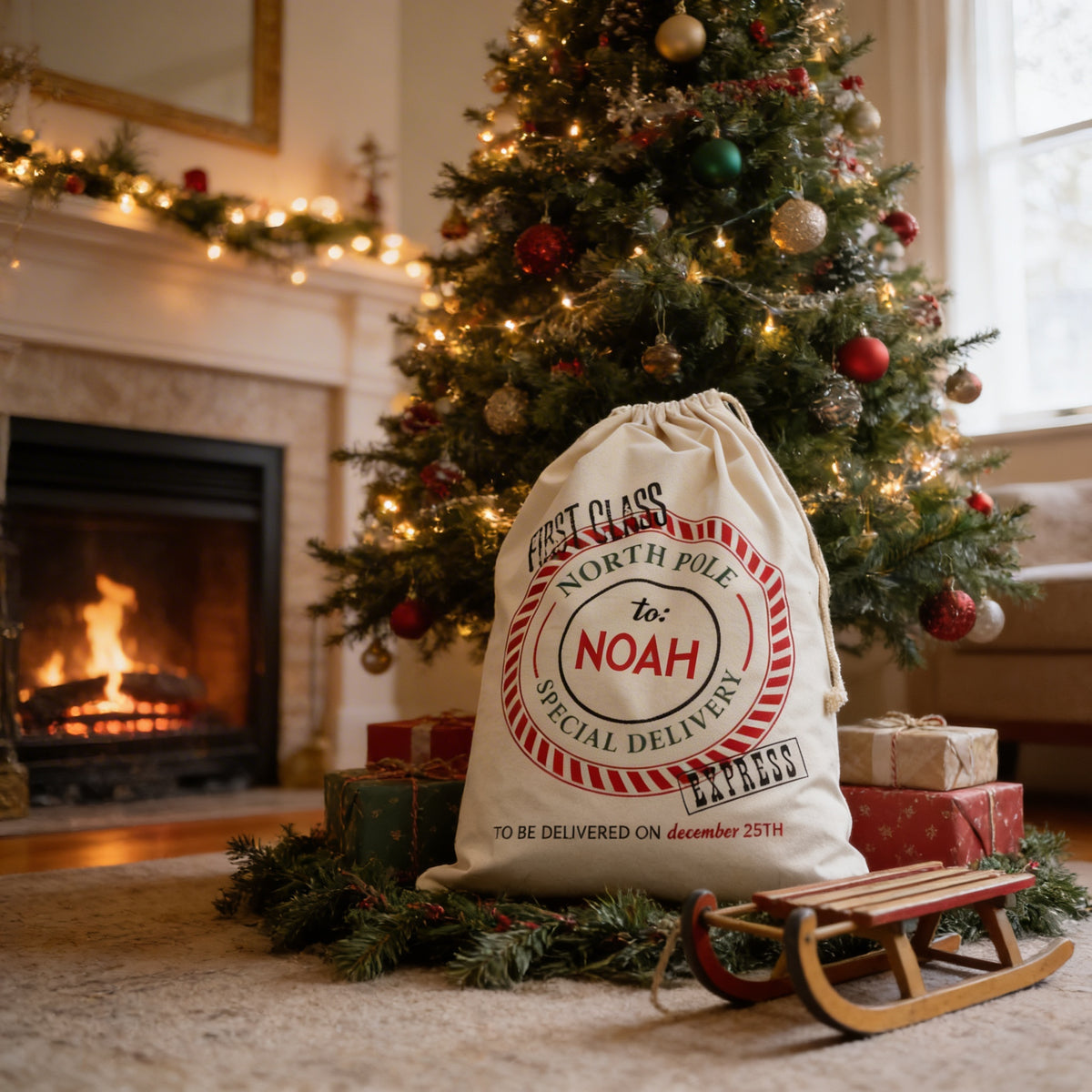 A Christmas tree decorated with ornaments and lights, with a bag labeled "First Class North Pole to Noah Special Delivery" placed on the floor in front of it.