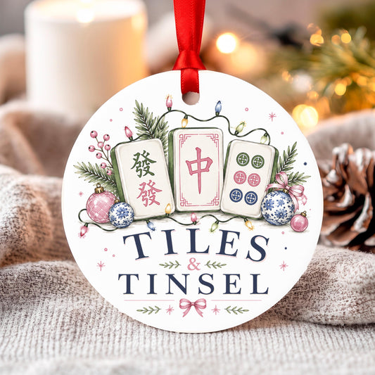 Mahjong Christmas Ornament, Tiles and Tinsel Holiday Decor, Mah Jongg Gift, Round Aluminum Tree Decoration, Game Lover Present