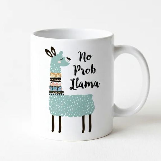 A white ceramic mug with a printed design of a blue llama and the text "No Prob Llama" printed on it.