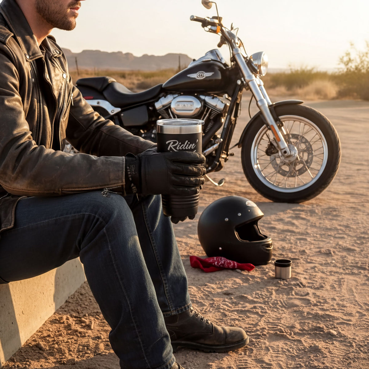 A man in a leather jacket sits on a bench next to a black motorcycle, holding a cup with the word "Ride" on it.