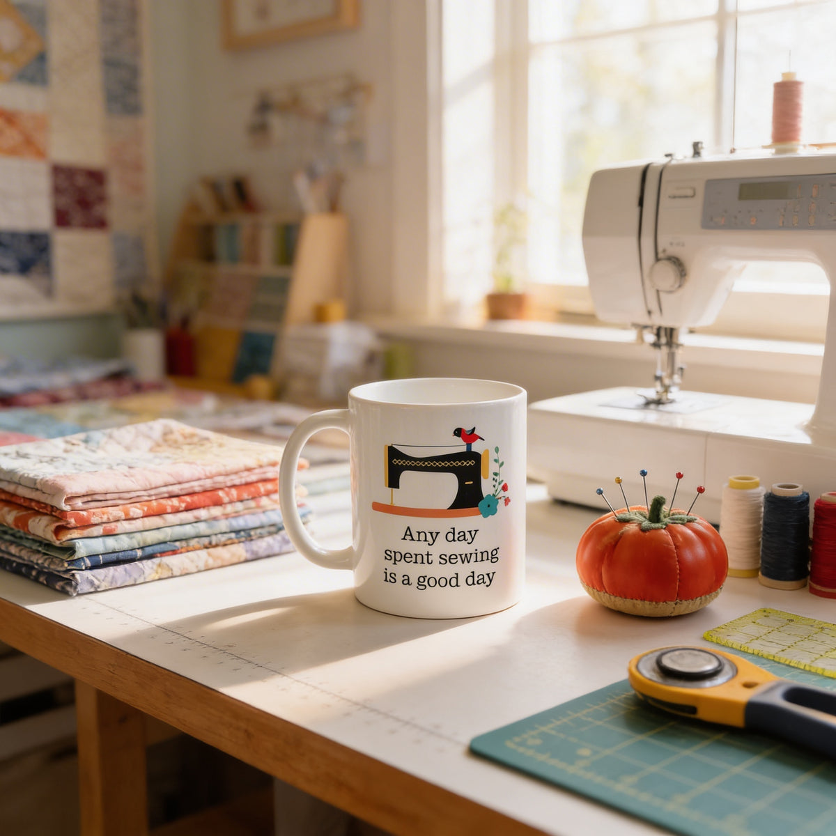 A sewing kit, a sewing machine, and a stack of colorful fabric are arranged on a table, with a white mug featuring a sewing machine and the text "Any day spent sewing is a good day" placed in the foreground.