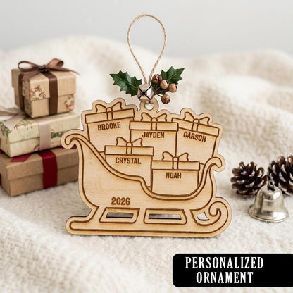 Personalized Sleigh Ornament, Wood Engraved, 3"x4", Names & Year.