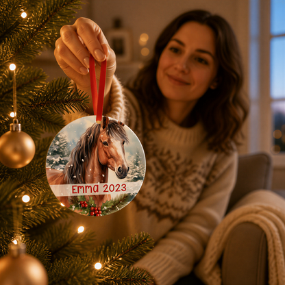 A woman is sitting in front of a Christmas tree, holding a round ornament that features a horse image and the year "Emma 2023".