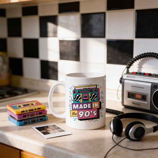 a kitchen counter with a white mug, a cassette tape, a cassette tape player, a cassette tape, a pair of headphones, and a cassette tape.