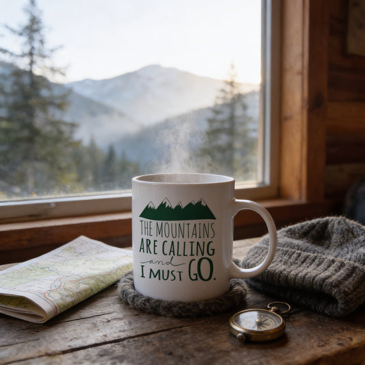 A mug with the text "The mountains are calling and I must go" sits on a wooden table, with a map and a compass nearby. The mug is placed near a window overlooking a mountainous landscape.