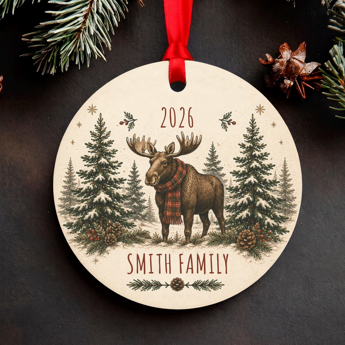 Personalized Moose Family Christmas Ornament 2026, Custom Name Holiday Decor, Rustic Winter Animal Tree Decoration, Gift Box