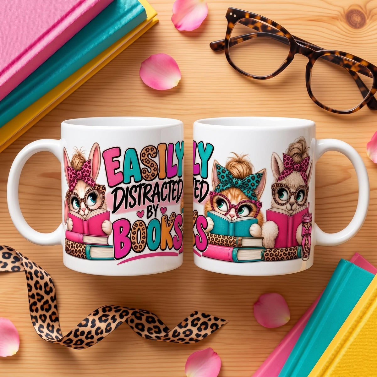 Easily Distracted By Books Mug, Cat Book Lover Coffee Mug, Funny Bookish Gift for Reader, Cute Cat Lover Mug, Book Club Gift for Her