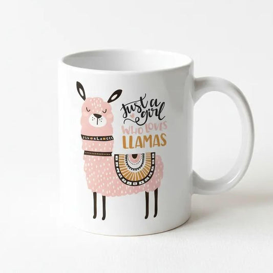 A white ceramic mug with a pink llama design and text that says "Just a girl who loves llamas".