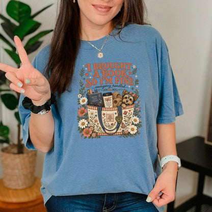 I Brought A Book So Im Fine Shirt, Funny Introvert Book Lover Tee, Books And Caffeine Reading Gift, Better Than Therapy Bookworm Dog Top