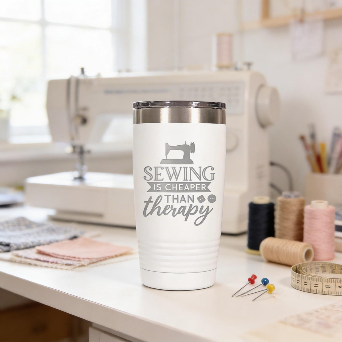 A white tumbler with a printed message on it, placed on a sewing workbench with sewing supplies and a sewing machine in the background.
