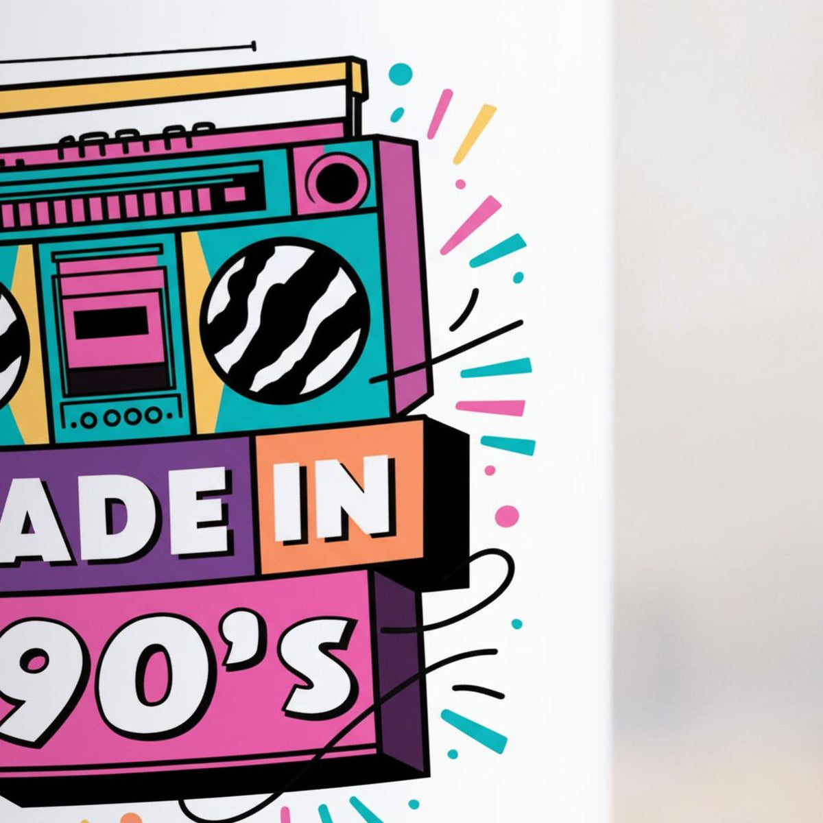 The image is a vibrant and colorful illustration featuring a boombox, with the text "Made in 90's" prominently displayed.