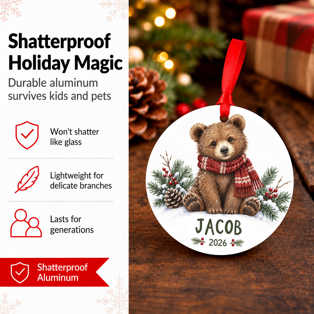 Personalized Bear Christmas Ornament, 2.75in Aluminum, Gift Boxed