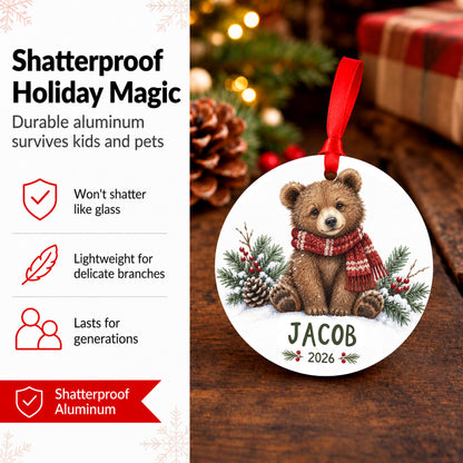 Personalized Bear Christmas Ornament, 2.75in Aluminum, Gift Boxed