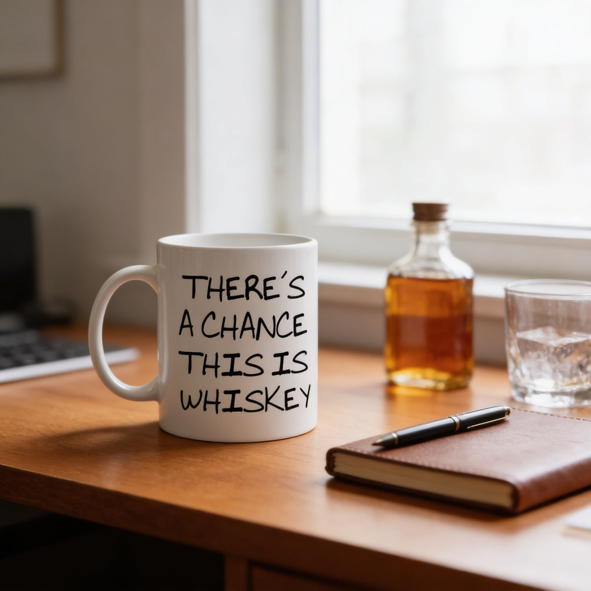 A white mug with black text that reads "THERE'S A CHANCE THIS IS WHISKEY" sits on a wooden desk, accompanied by a bottle of whiskey, a glass, and a pen.