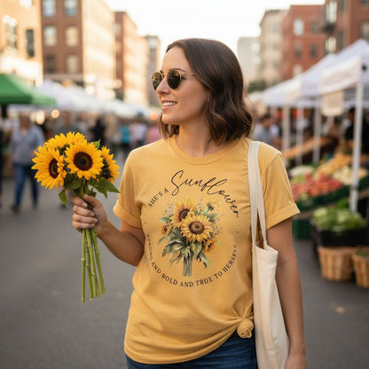 A woman wearing a yellow t-shirt with a sunflower design and holding a bouquet of sunflowers stands in front of a market with various stalls.