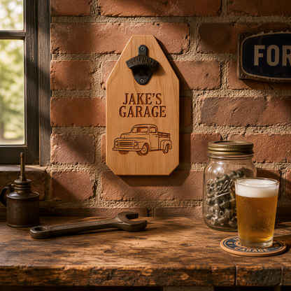 a rustic wooden shelf with various items, including a beer glass, a wrench, and a bottle opener, all set against a brick wall.