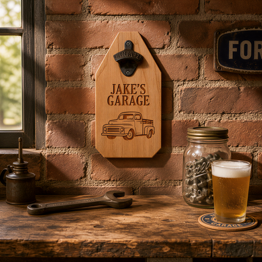 a rustic wooden shelf with various items, including a beer glass, a wrench, and a bottle opener, all set against a brick wall.