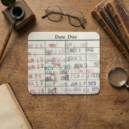 a wooden desk with various items, including a date due card, glasses, a magnifying glass, and some books.