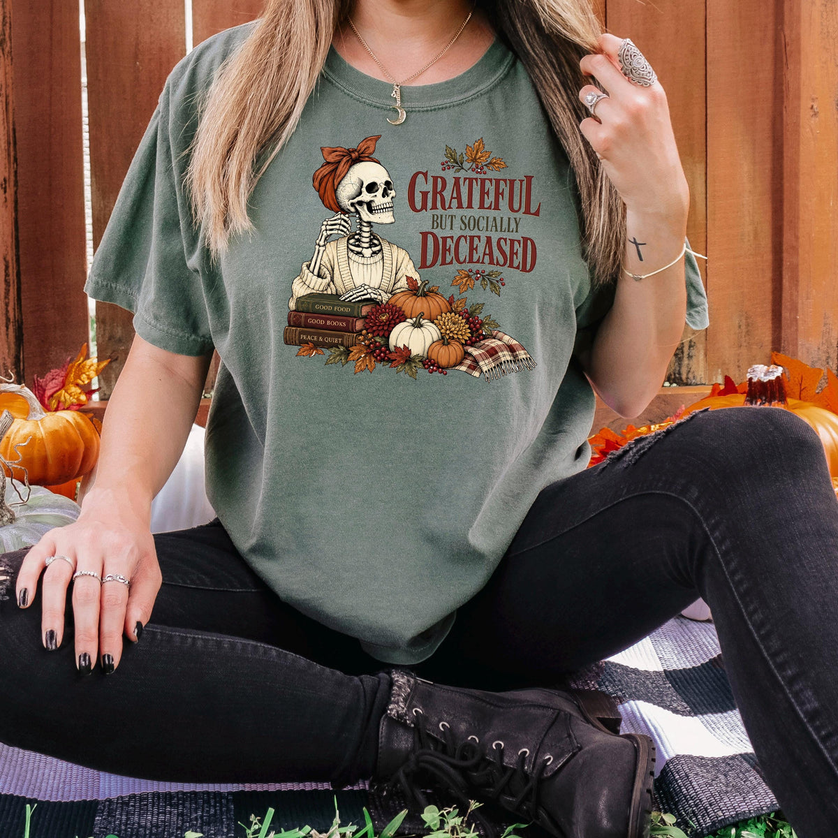 Grateful But Socially Deceased Shirt, Introvert Book Lover Tee, Funny Fall Skeleton Shirt, Bookish Fall Gift, Homebody Reading Top