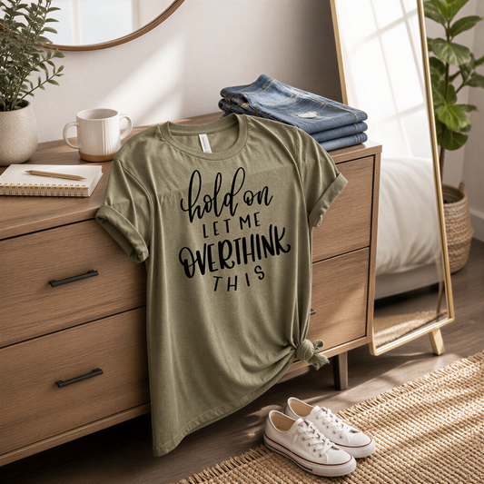 a green t-shirt with the text "hold on let me overwhelm this" printed on it, placed on a wooden dresser next to a pair of jeans and a pair of white sneakers.