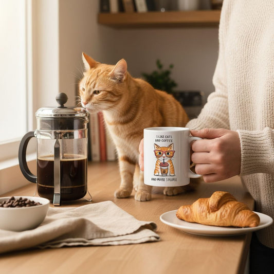 A person is holding a mug with a cat illustration and text, while a cat is sitting on a table next to a French press coffee maker and a plate with a croissant.