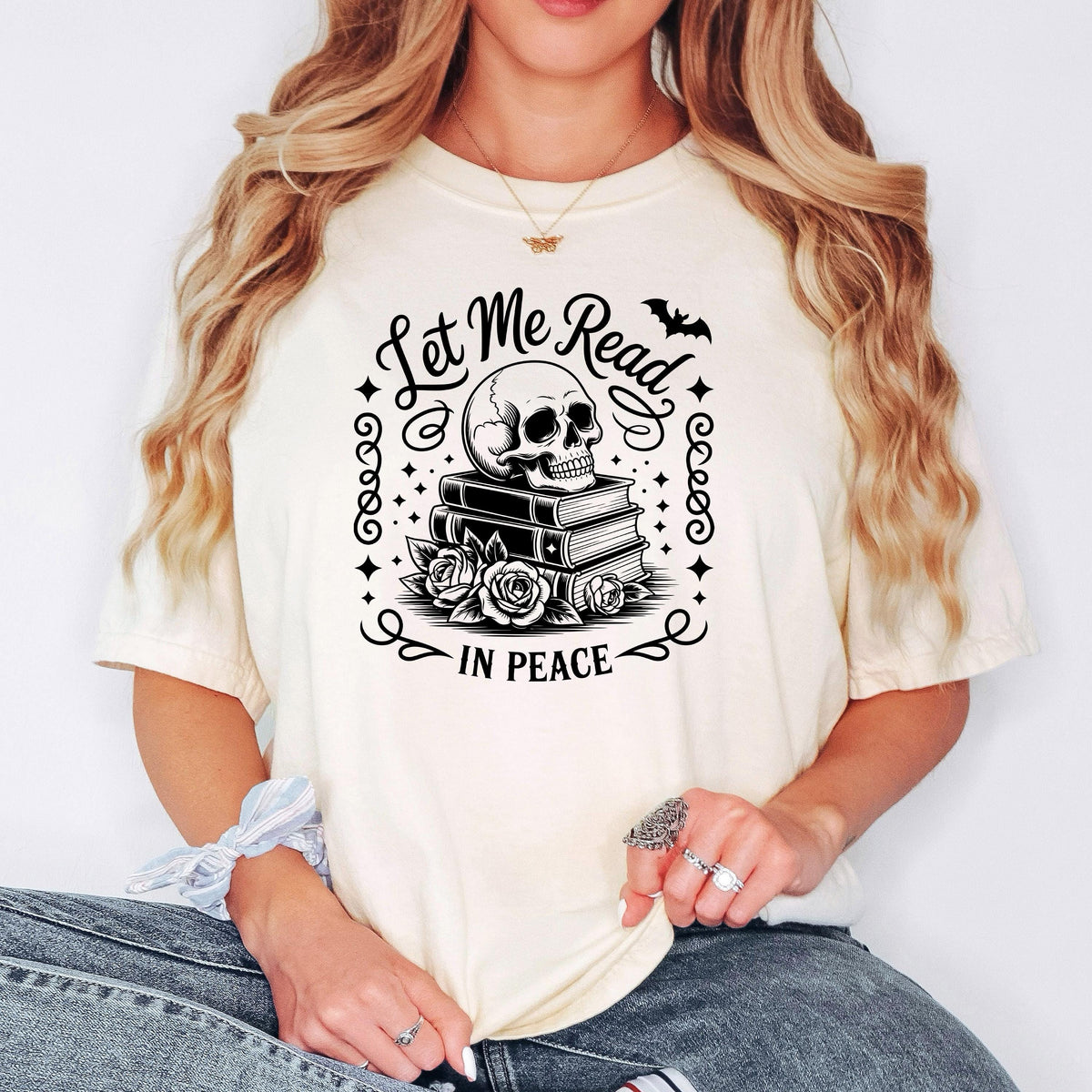 Goth Book Lover Shirt, Let Me Read In Peace Skull Book Tee Unisex