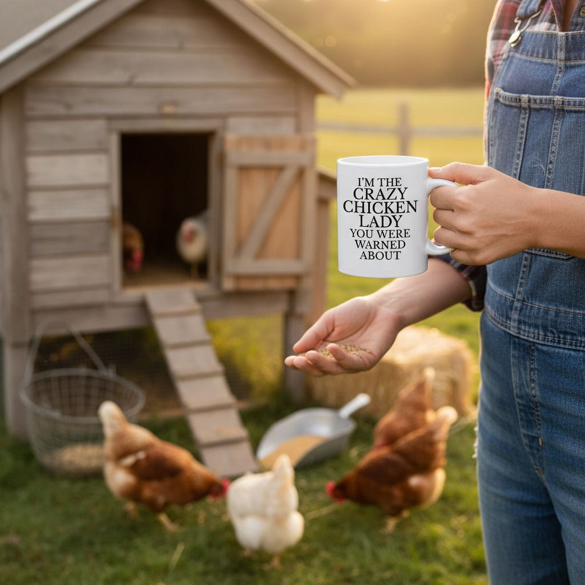 A person holding a mug with a humorous text, standing in front of a wooden chicken coop with chickens in the background.