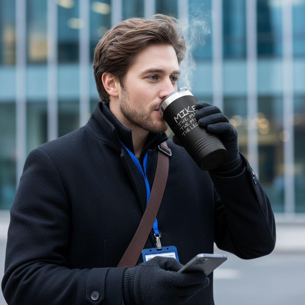 A man in a black coat is holding a black coffee mug and looking at his phone, with steam rising from the mug.