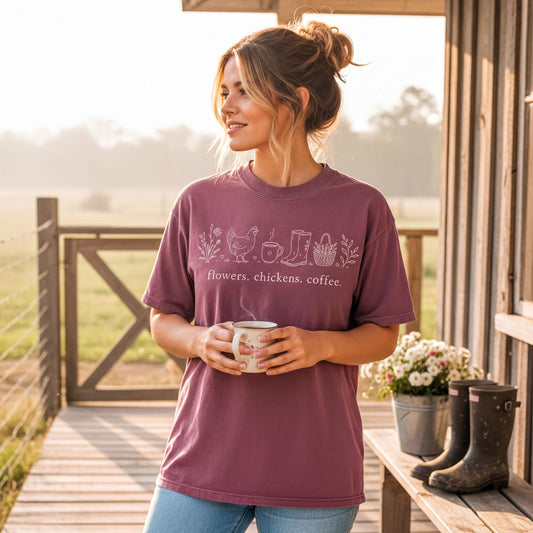 A woman wearing a maroon t-shirt with the text "flowers. chickens. coffee." stands on a porch, holding a cup of coffee and surrounded by potted plants and a wooden fence.