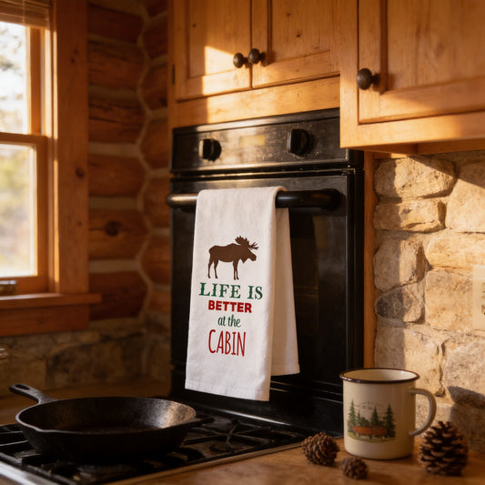 a kitchen scene with a stove, a towel with a moose design, and a mug on the counter.