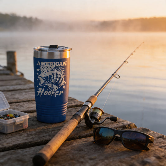 A fishing rod, sunglasses, and a cup with the text "American Hooker" are placed on a wooden dock overlooking a body of water, with a misty background.
