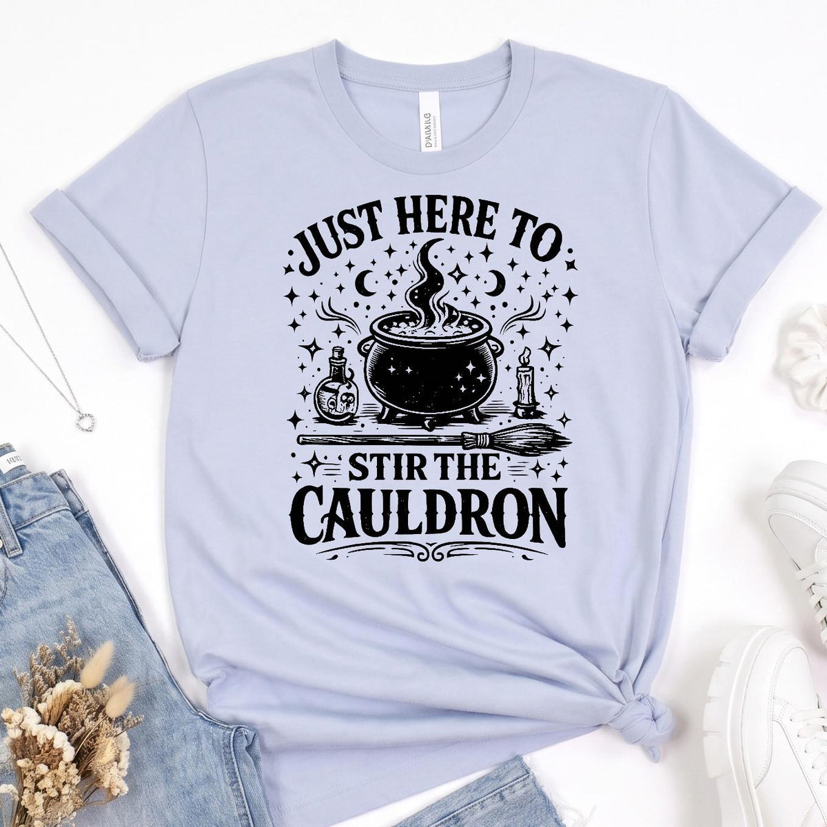 Bella Canvas Tee Just Here To Stir The Cauldron, Witch Cauldron Shirt, Funny Witch Shirt, Halloween Tshirt, Witchy Clothing Gift For Her