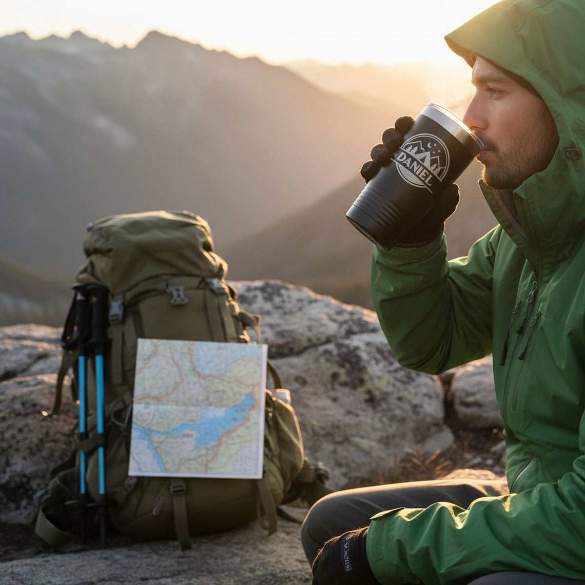 A hiker in a green jacket sits on a rocky outcropping, drinking from a black thermos while holding a map and hiking poles.