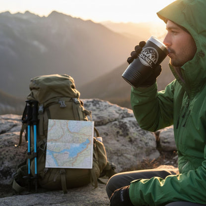 A hiker in a green jacket sits on a rocky outcropping, drinking from a black thermos while holding a map and hiking poles.
