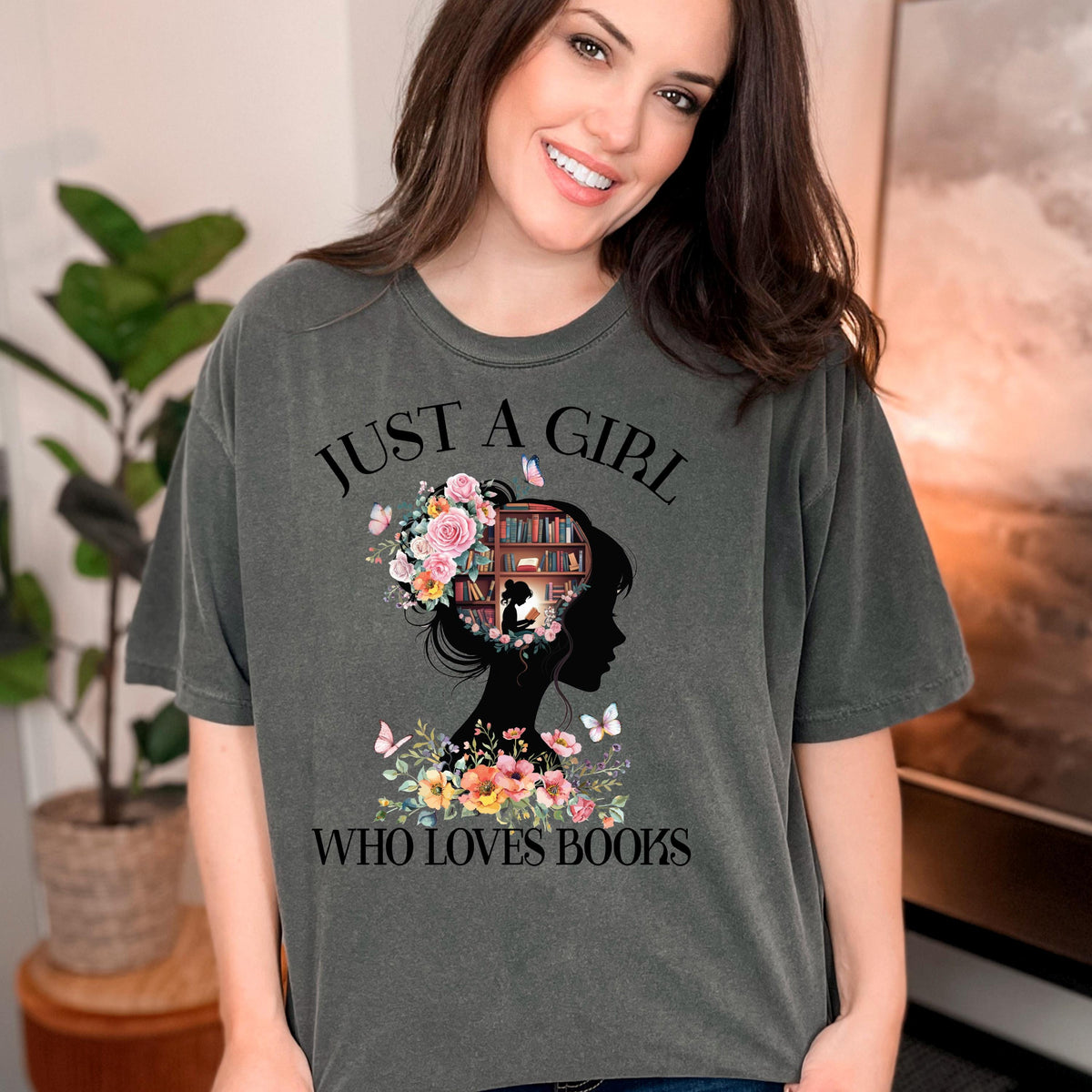 Book Lover Shirt, Floral Bookish Tee, Comfort Colors Washed Blue Unisex L