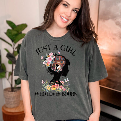 Book Lover Shirt, Floral Bookish Tee, Comfort Colors Washed Blue Unisex L
