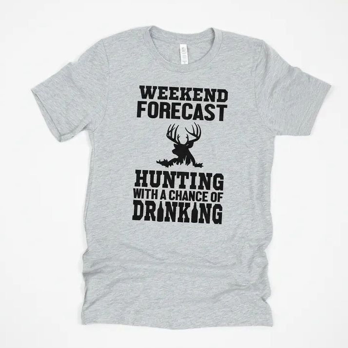 A gray t-shirt with a humorous text and graphic design printed on it.