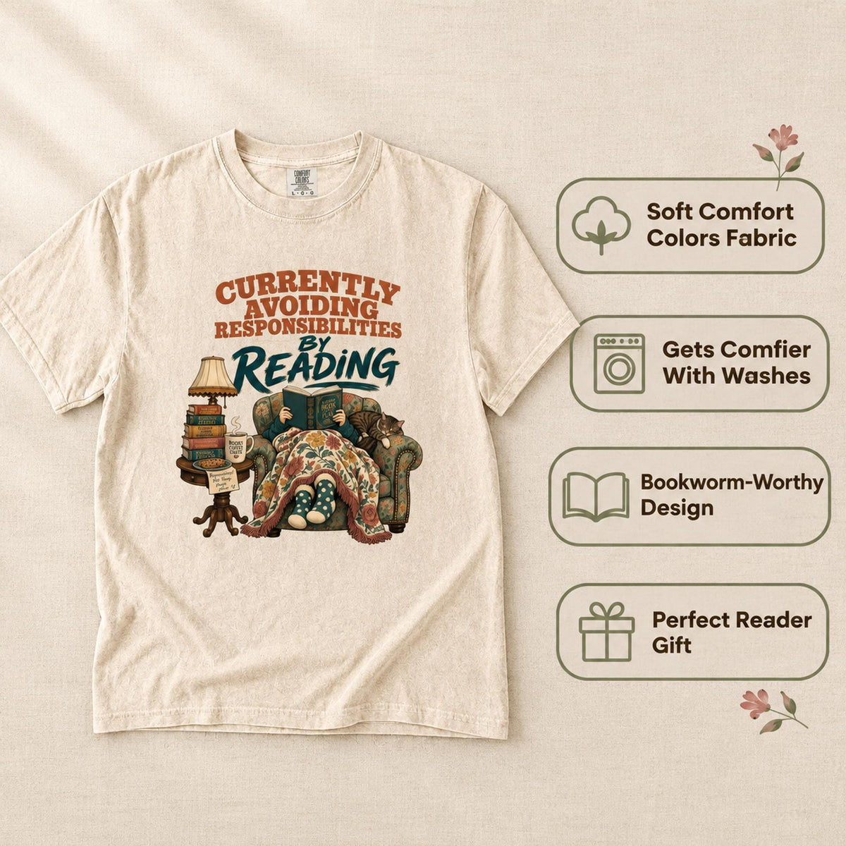 Currently Avoiding Responsibilities By Reading Shirt, Funny Book Lover Tshirt, Cozy Cat Bookworm Gift, Cottagecore Reading Tee for Her