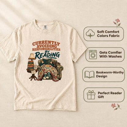 Currently Avoiding Responsibilities By Reading Shirt, Funny Book Lover Tshirt, Cozy Cat Bookworm Gift, Cottagecore Reading Tee for Her