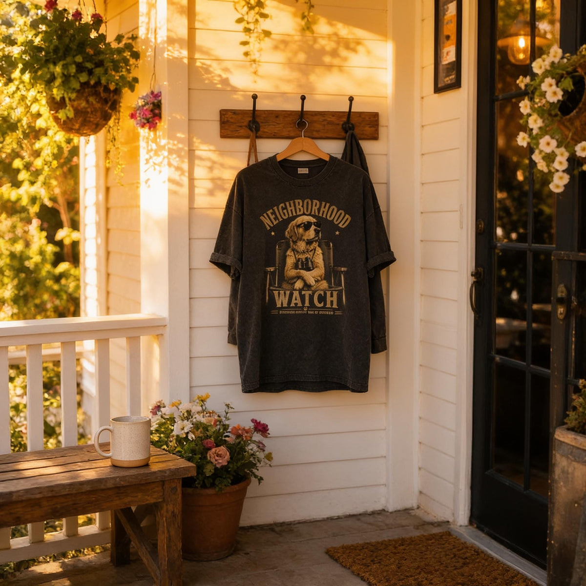 a porch with a wooden bench, a coffee mug, and a hanging t-shirt with a graphic design. The t-shirt is hanging on a wooden hanger, and there are potted plants and flowers on the porch.