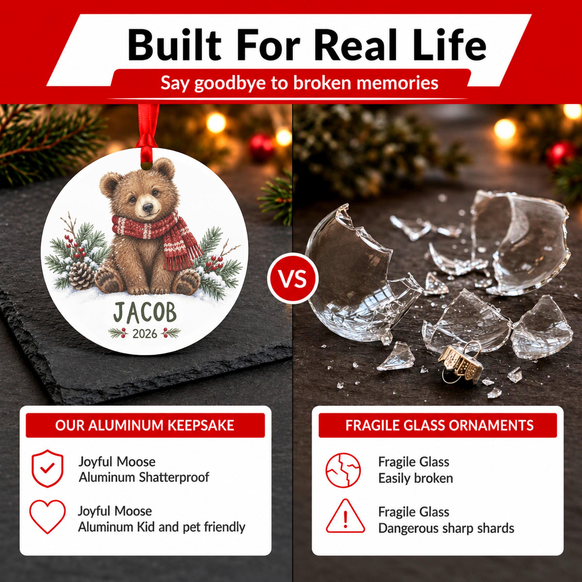 Personalized Bear Christmas Ornament, 2.75in Aluminum, Gift Boxed
