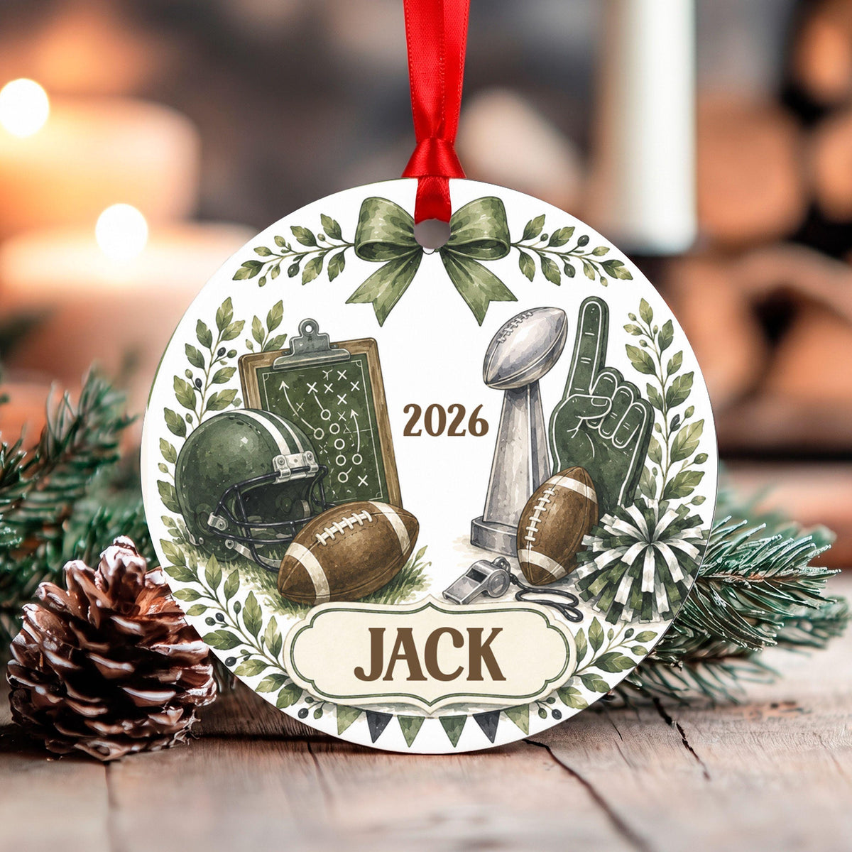 Personalized Football Ornament, Custom Name Christmas Tree Decor, Sports Fan Gift, Aluminum Round, Kid Pet Friendly