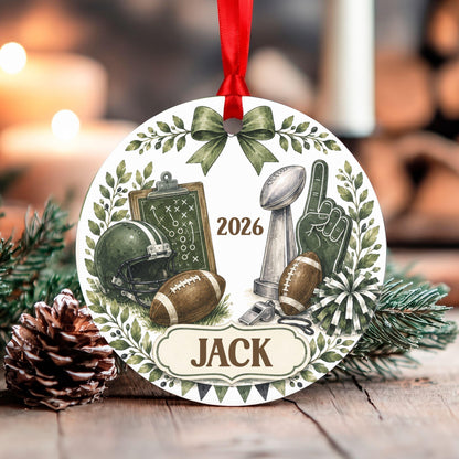 Personalized Football Ornament, Custom Name Christmas Tree Decor, Sports Fan Gift, Aluminum Round, Kid Pet Friendly