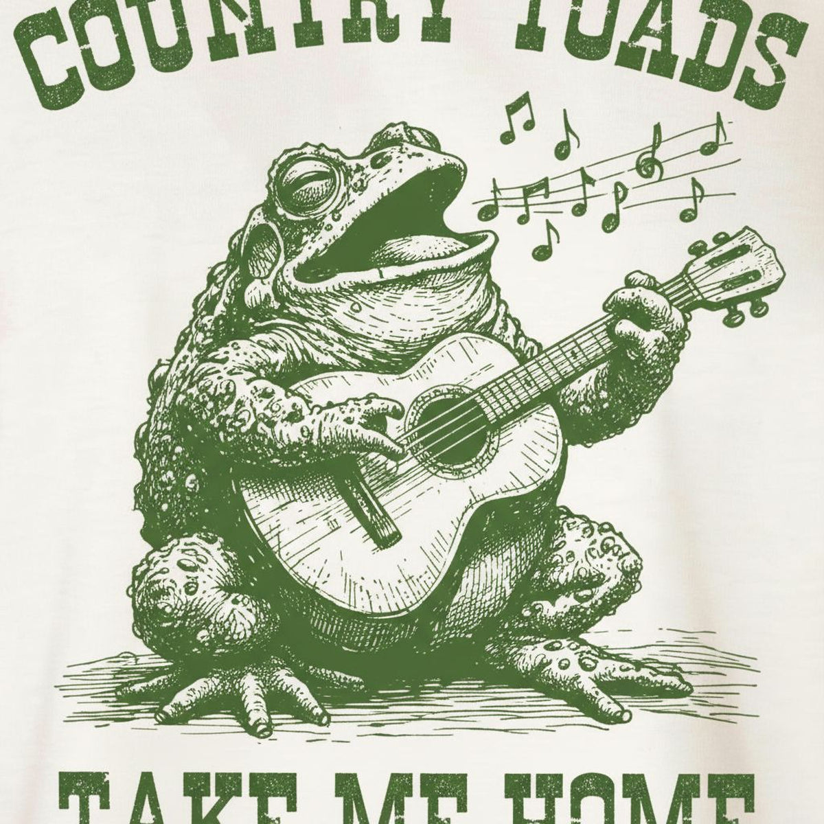 A green frog is sitting on a rock and playing a guitar, with musical notes floating around it.