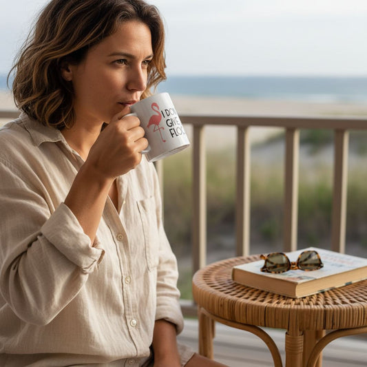 A woman is sitting on a balcony, sipping a drink from a mug with the text "I don't get flapped" printed on it. She is wearing a beige shirt and has a book and sunglasses on a small table in front of her.