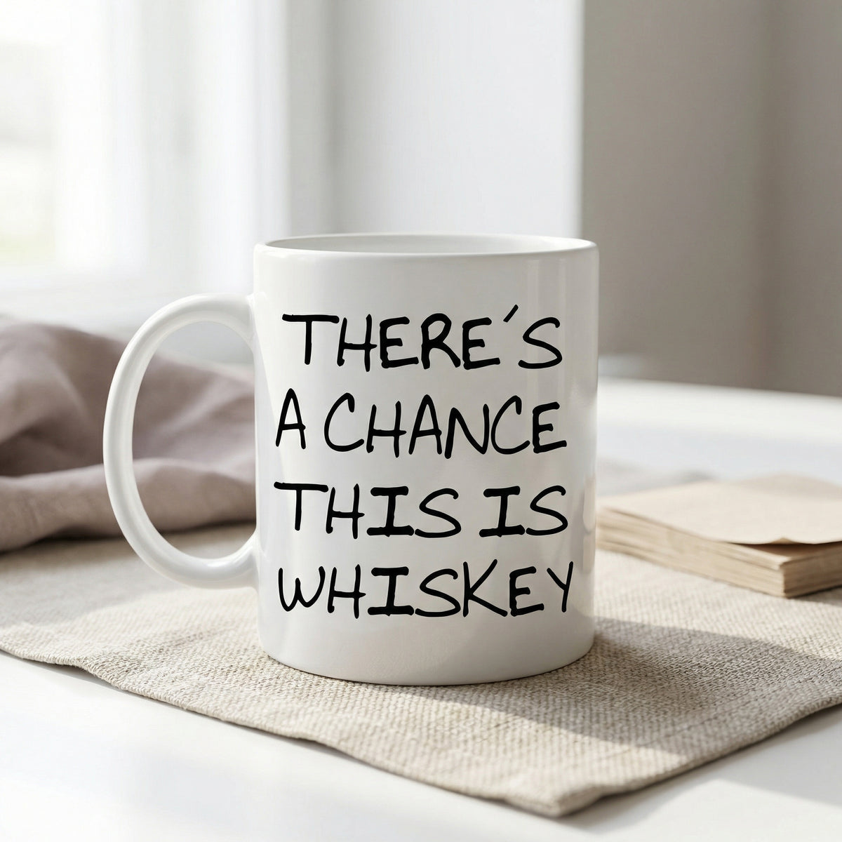 A white mug with black text printed on it, sitting on a beige cloth napkin on a table.