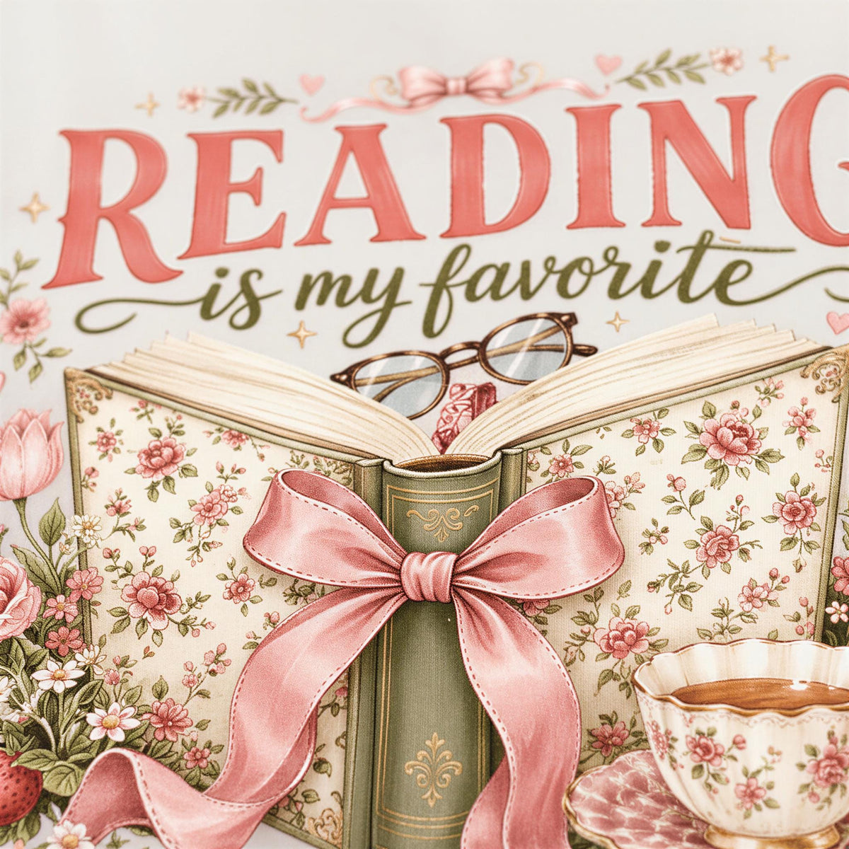 a book with a pink ribbon, a teacup, and a pair of glasses, all set against a floral background.