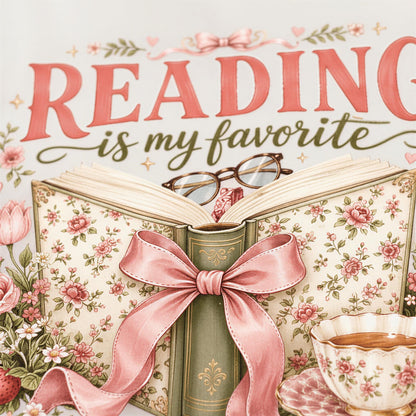 a book with a pink ribbon, a teacup, and a pair of glasses, all set against a floral background.